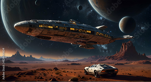 Fototapeta Naklejka Na Ścianę i Meble -  an alien spaceship flying over a desert landscape