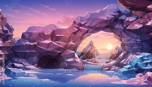 Sunset at Ice Cave Entrance Vector Art Background