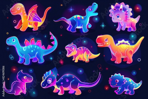 Fototapeta Naklejka Na Ścianę i Meble -  A collection of neon dinosaurs in various positions. Suitable for educational or fun design projects