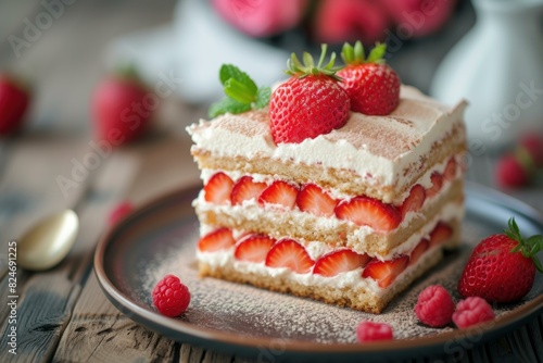 Fruity Biscuit cake strawberry. Cream cooking. Generate Ai