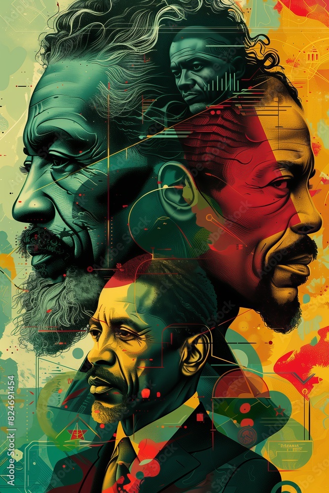 © tynza - Montage of historical figures integral to Juneteenth, creative illustration in black, green, red and yellow colors, flat style.