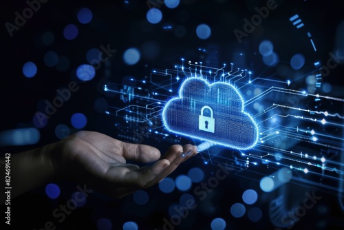 Futuristic cloud security with padlock and glowing circuits, representing advanced cybersecurity measures and secure digital connections in a tech driven ecosystem