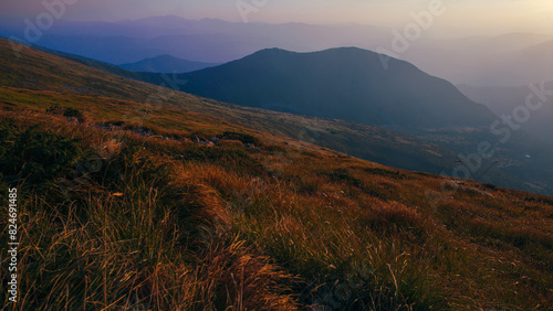 Amazing sunset in Ukrainian Carpathian mountains , Chornigysrsyi hrebet range photo