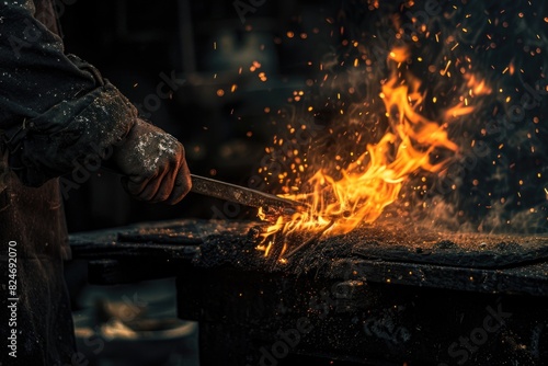 A man blacksmithing a piece of metal with a hammer. Suitable for industrial and craftsmanship themes photo