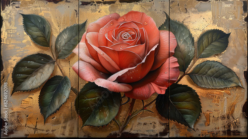 Red rose with green leaves using decoupage technique on a wooden vintage background photo