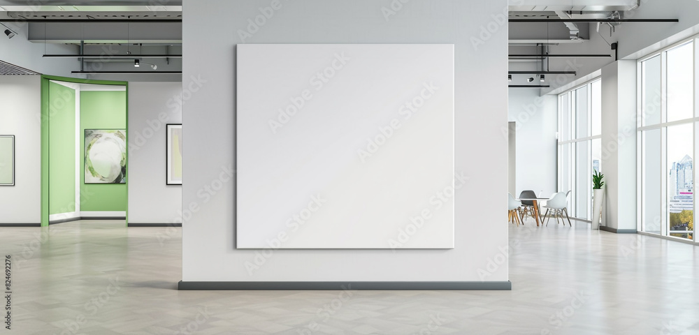 Blank white wall mockup in modern gallery with sage green details, contemporary art exhibitions, Blank white wall mockup in modern gallery with sage green details, contemporary art exhibitions,