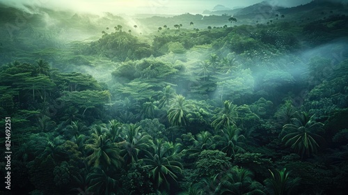 Lush green tropical rainforest with misty atmosphere  dense foliage  exotic plants  and serene natural beauty  captured during early morning light.