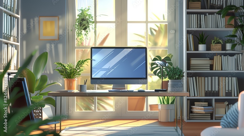 Vector image of a computer screen on a desk. Living room in the background. Generative AI. Vector image of a computer screen on a desk. Living room in the background. Generative AI.