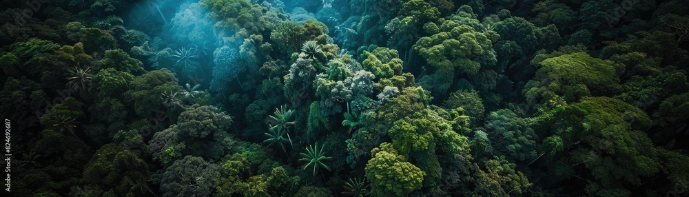 Aerial view of lush tropical rainforest with diverse trees and mist, showcasing the rich biodiversity and untouched beauty of nature. Aerial view of lush tropical rainforest with diverse trees and mist, showcasing the rich biodiversity and untouched beauty of nature.