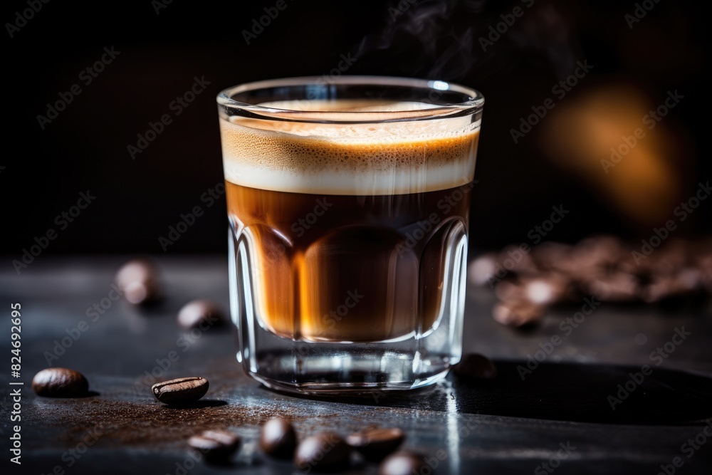 Espresso Shot: Close-up of a freshly brewed espresso shot with a crema layer. Espresso Shot: Close-up of a freshly brewed espresso shot with a crema layer.