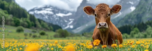 Alpine serenity: Contented cow wanders through verdant meadows in Switzerland