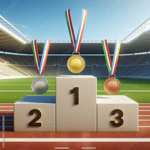 winners podium with medals in a stadium