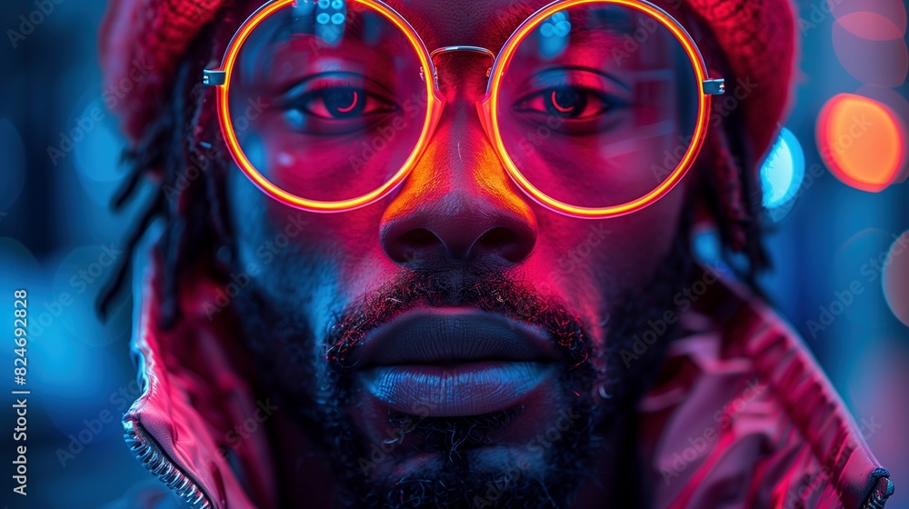 Black bearded man with round neon red eyeglasses art digital. Bokeh light. African american male intense gaze wallpaper scene artwork. Science fiction concept background image horizontal Black bearded man with round neon red eyeglasses art digital. Bokeh light. African american male intense gaze wallpaper scene artwork. Science fiction concept background image horizontal