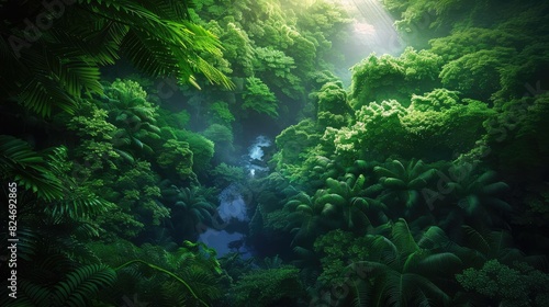 Lush green tropical rainforest with sunlight streaming through the dense foliage  creating a serene and tranquil atmosphere.