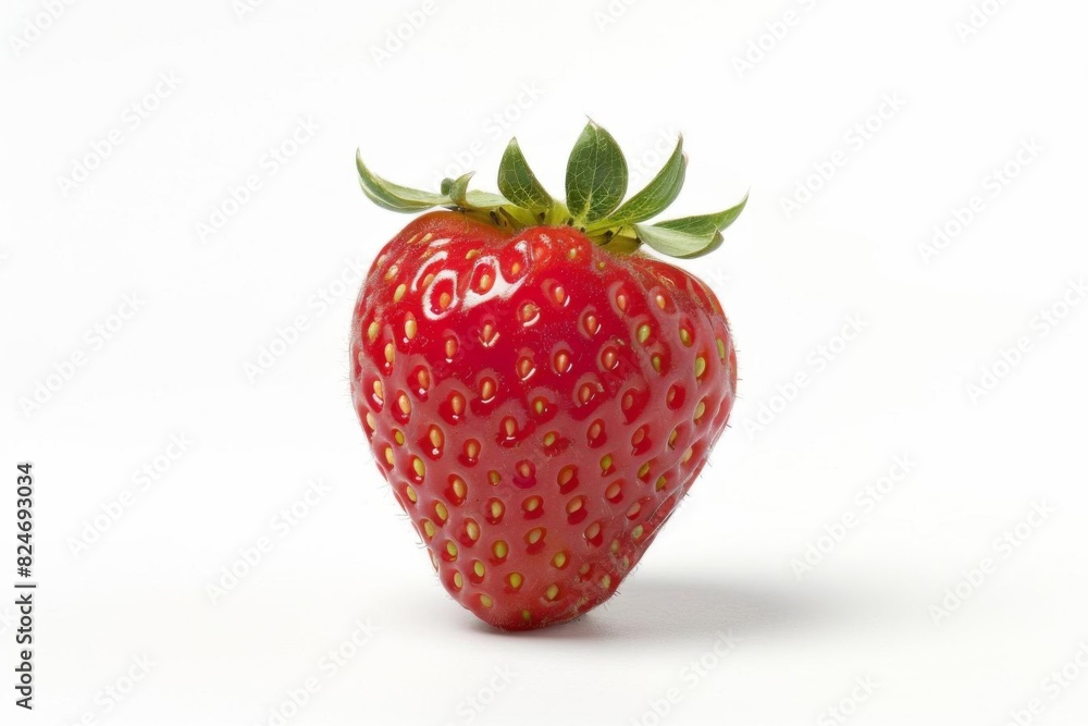Bright red strawberry with green leaves on white background. Perfect for food, health, and freshness concepts in stock photography. Bright red strawberry with green leaves on white background. Perfect for food, health, and freshness concepts in stock photography.