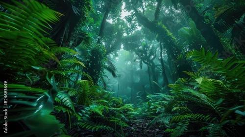 Lush green rainforest with dense foliage and sunlight filtering through trees creating a serene and mystical atmosphere.