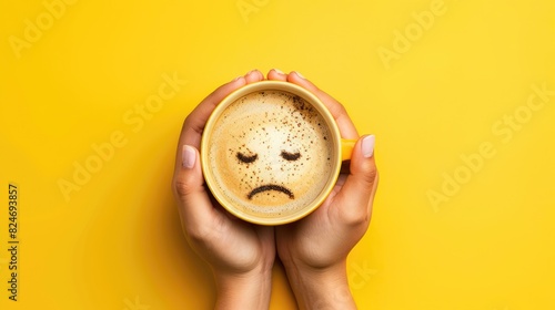 Closeup woman hands holding coffee cup with emotion face drawn on coffee, top view angle on isolated yellow background photo