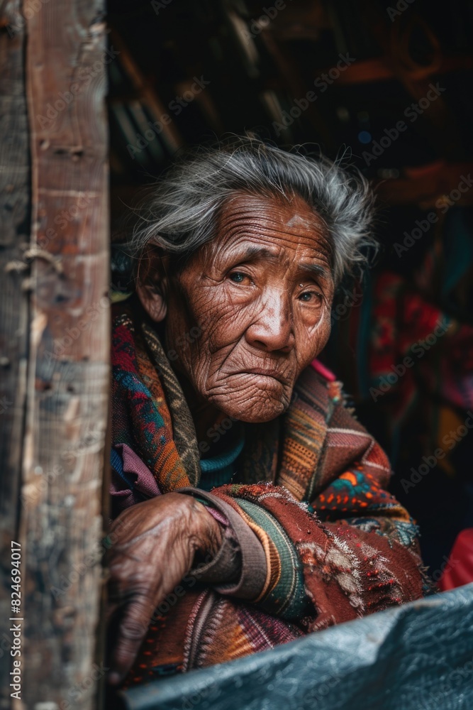An old woman sitting in a doorway, suitable for various concepts