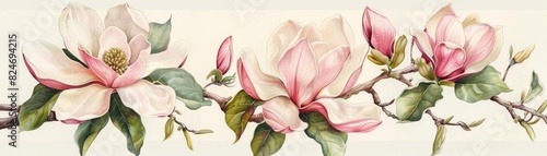 Botanical study of magnolias with a focus on detailed petals and leaves  suitable for elegant greeting cards