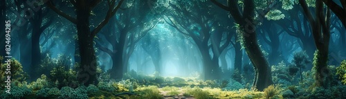Empty space dream enchanted forest flat design front view magical realm theme 3D render vivid © pawimon