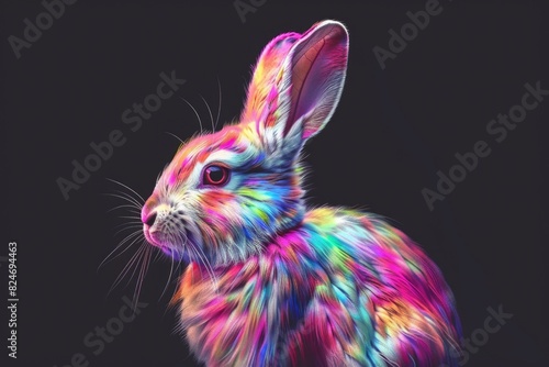 A vibrant rabbit sitting on a dark surface. Ideal for various design projects