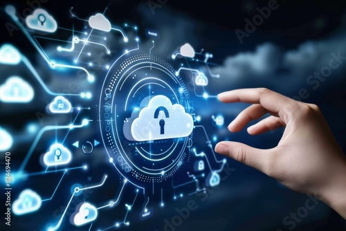 Advanced cloud security with padlock and data integration, representing innovative cybersecurity measures and secure storage solutions in a tech centric ecosystem