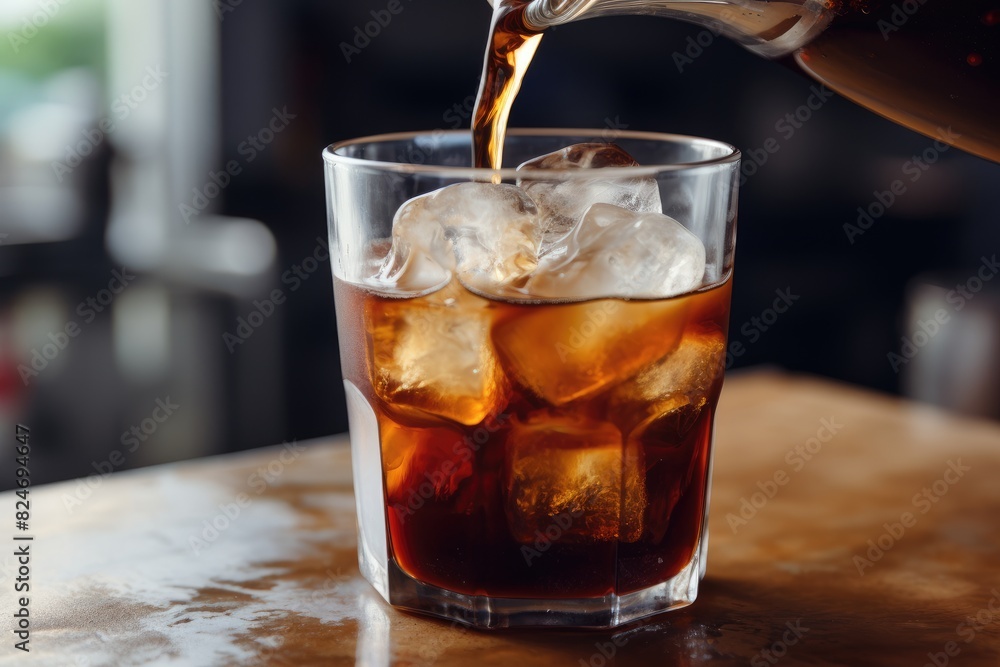 Iced Coffee Pour: Pouring cold brew coffee over ice cubes. Iced Coffee Pour: Pouring cold brew coffee over ice cubes.