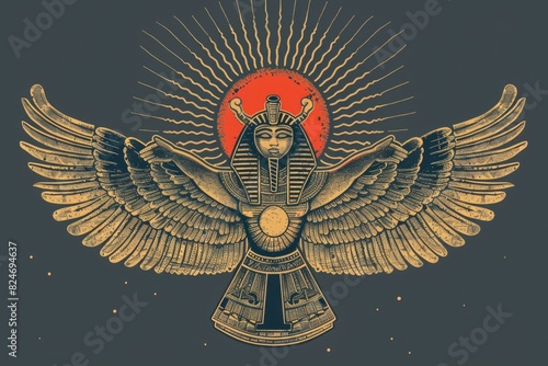 An Egyptian winged bird with a sun in the background. Suitable for historical and cultural designs