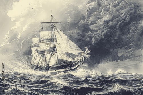 A black and white photo of a ship sailing in the ocean. Perfect for nautical themed designs