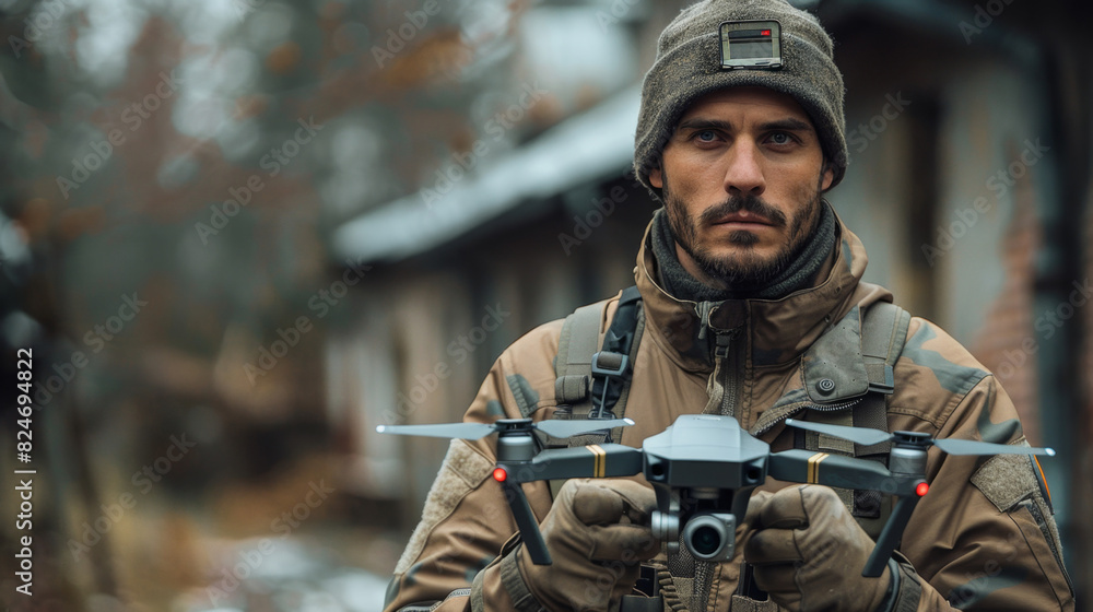 Caucasian military man in uniform drone operator holding a drone in his hands while on a military operation Caucasian military man in uniform drone operator holding a drone in his hands while on a military operation