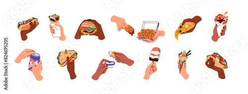 Hands with street food set. People hold burgers, sandwiches, ice cream, pizza, soda drink. Different fastfood snacks: chicken nuggets, shawarma. Flat isolated vector illustrations on white background