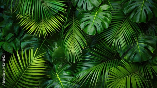 Texture of palm tree leaves with fresh green tropical foliage creating a vibrant pattern background © LukaszDesign