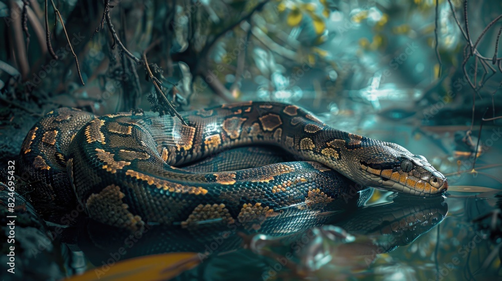 Naklejka premium A large snake resting on top of a body of water. Suitable for nature and wildlife themes