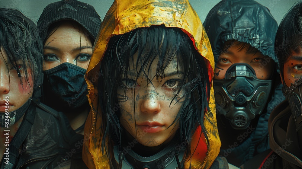 Group of young people in dystopian attire closeup image. Gritty, cyberpunk atmosphere. Post-apocalyptic look close up photography marketing. Science fiction concept photo realistic Group of young people in dystopian attire closeup image. Gritty, cyberpunk atmosphere. Post-apocalyptic look close up photography marketing. Science fiction concept photo realistic