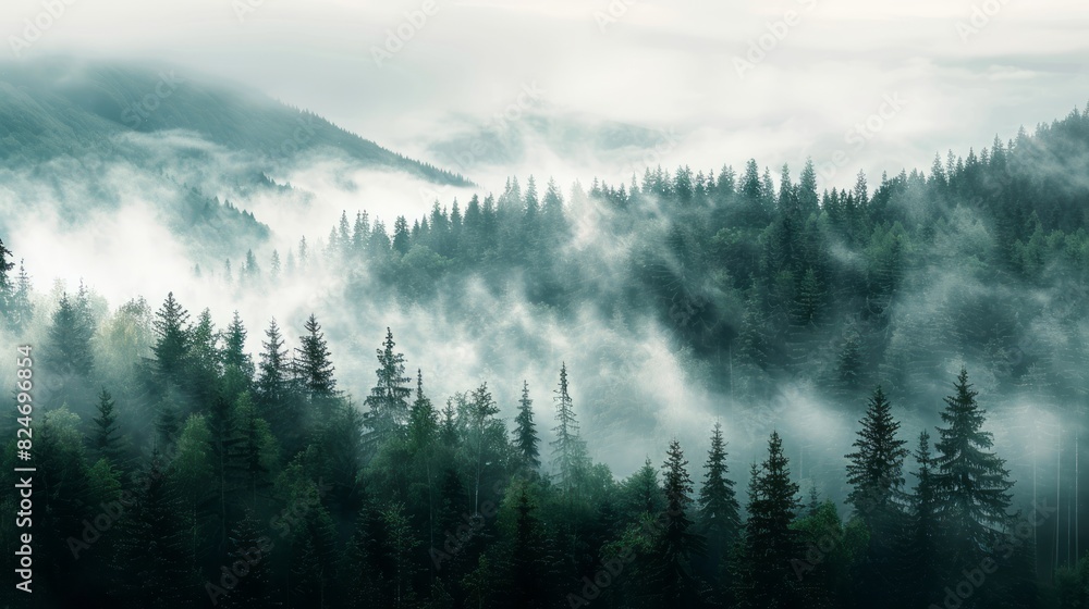 Foggy Mountains. Misty Forest Landscape With Mountain Range In The Distance. Foggy Mountains. Misty Forest Landscape With Mountain Range In The Distance.