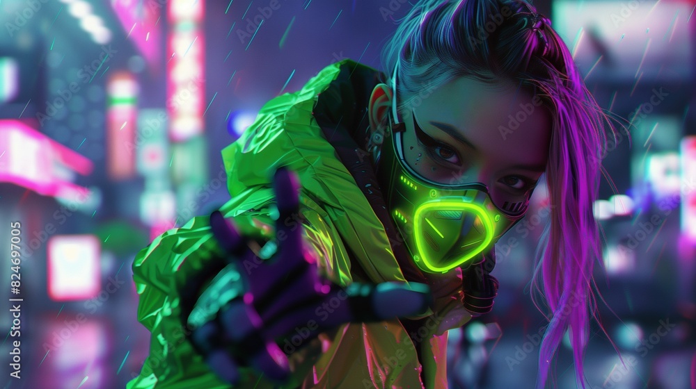 Cyberpunk japanese woman on streets of neon-lit cityscape closeup image. Green neon mask female futuristic close up photography marketing. Science fiction concept photo realistic Cyberpunk japanese woman on streets of neon-lit cityscape closeup image. Green neon mask female futuristic close up photography marketing. Science fiction concept photo realistic