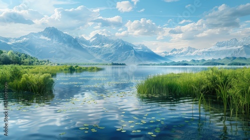 Lake scenery with vegetation and mountains in the distance