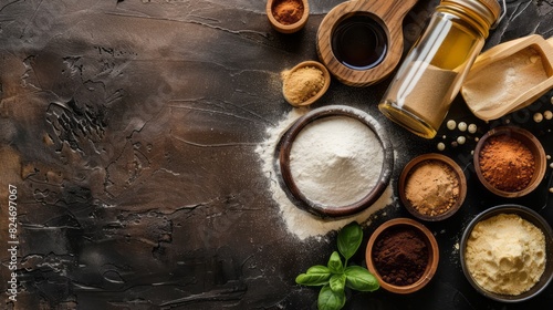 Various Spices And Ingredients For Cooking On A Rustic Background. Top View With Copy Space. photo