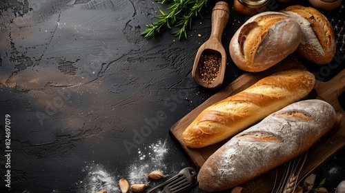 Loaf Of Bread On A Wooden Board With Rosemary And Garlic On A Dark Background. photo