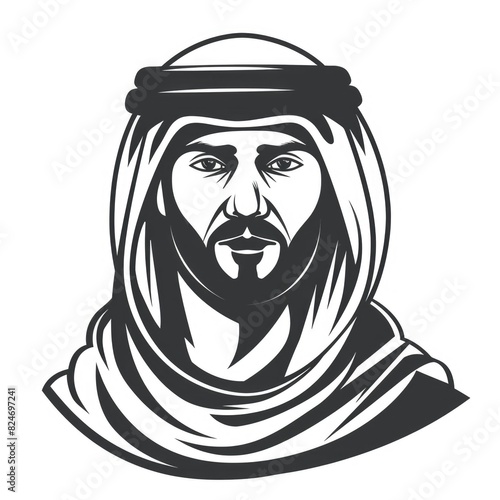 Elegant Traditional Arabic Man Portrait Icon on White Background, Islamic Culture Symbol
 photo