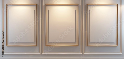 Minimalist art display with three blank frames on a pearl white wall, soft lighting, 3D rendering