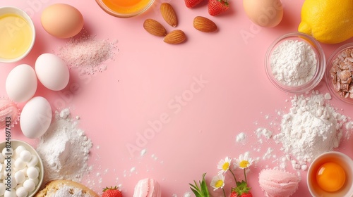 Top View Of Baking Ingredients On A Pink Background.