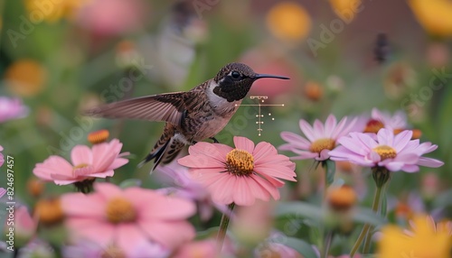 Hummingbird hovering over pink flowers in a garden