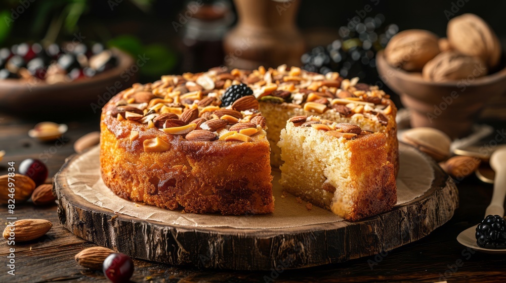 Homemade Nutty Cake With Almonds, Walnuts And Blackberries On A Wooden Table. Homemade Nutty Cake With Almonds, Walnuts And Blackberries On A Wooden Table.