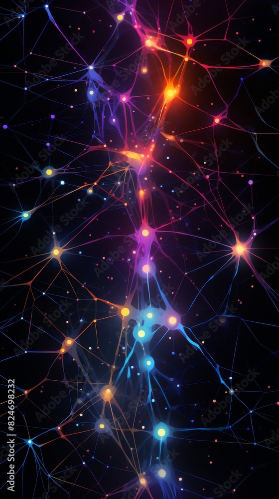 Fototapeta premium Neural network abstract representation of AI neural pathways from a front view highlighting AI thought process in a Scifi tone with a Tetradic color scheme