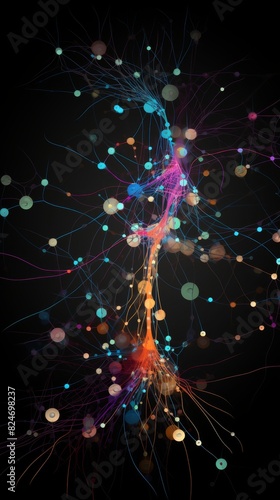 Neural network abstract representation of AI neural pathways from a front view highlighting AI thought process in a Scifi tone with a Tetradic color scheme