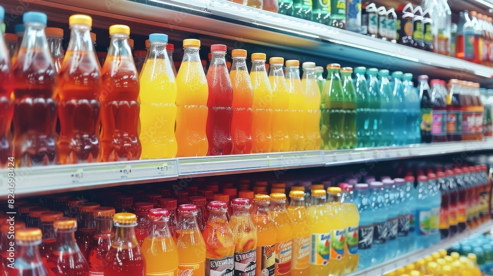 Shelf full of different soda drinks and juice on shelves. Generative AI.