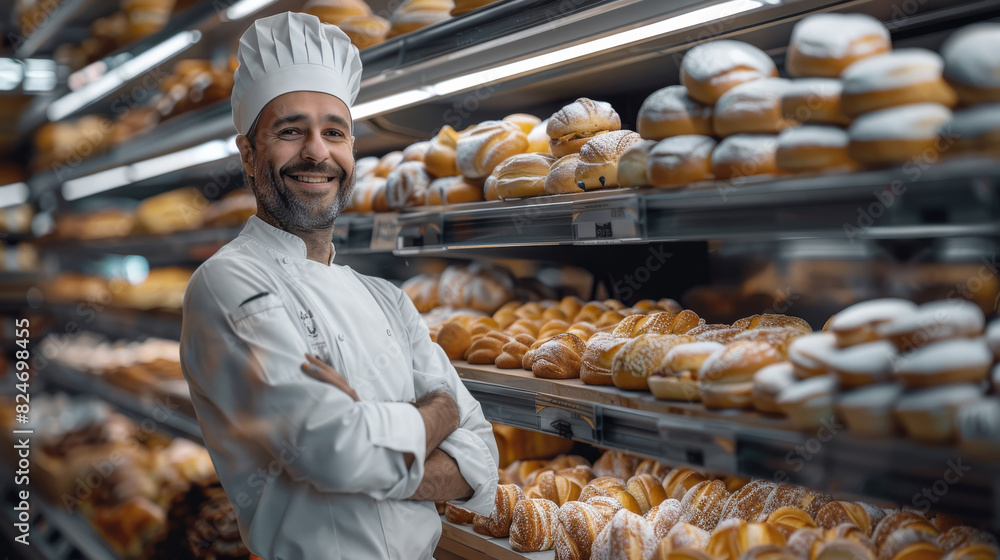 Happy bakery man chef in supermarket bakery section. Generative AI. Happy bakery man chef in supermarket bakery section. Generative AI.