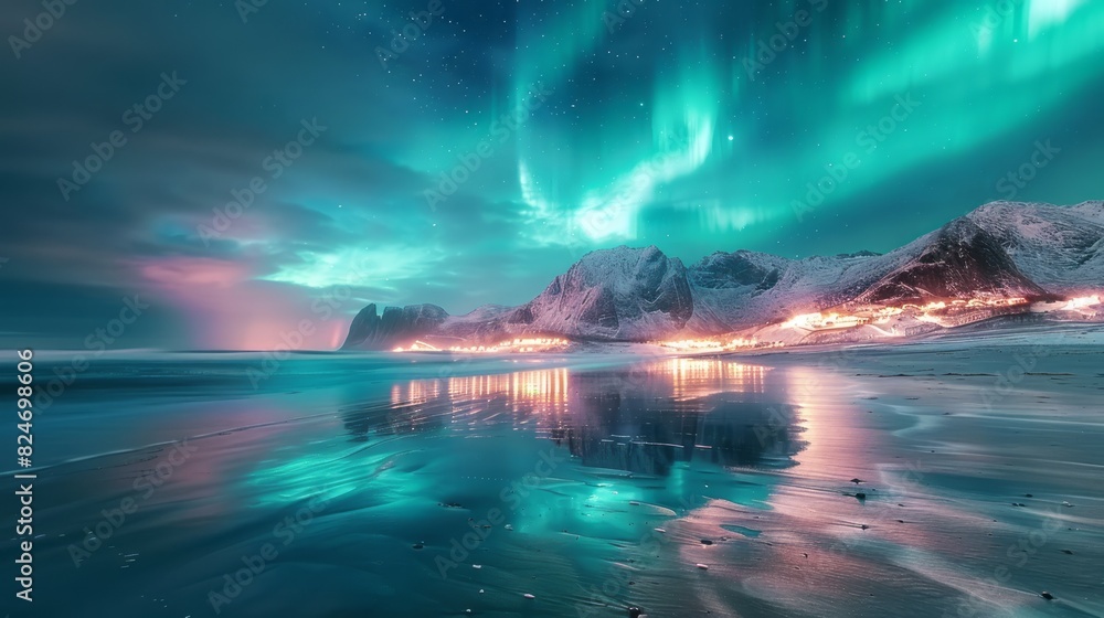 The Northern Lights Shimmer And Dance Over A Peaceful Coastal Village. The Northern Lights Shimmer And Dance Over A Peaceful Coastal Village.