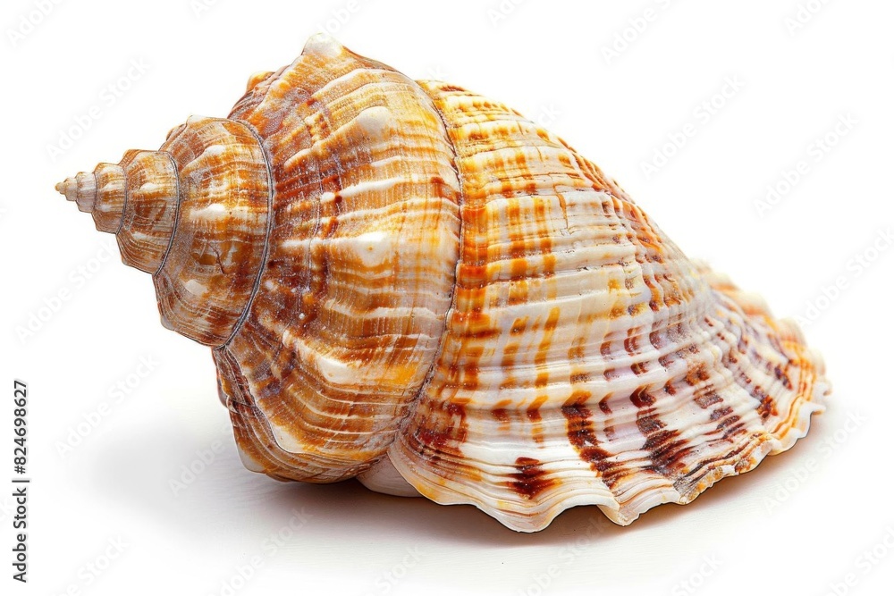 Close-up image of a beautifully patterned seashell isolated on a white background, showcasing its intricate details and natural colors. Close-up image of a beautifully patterned seashell isolated on a white background, showcasing its intricate details and natural colors.